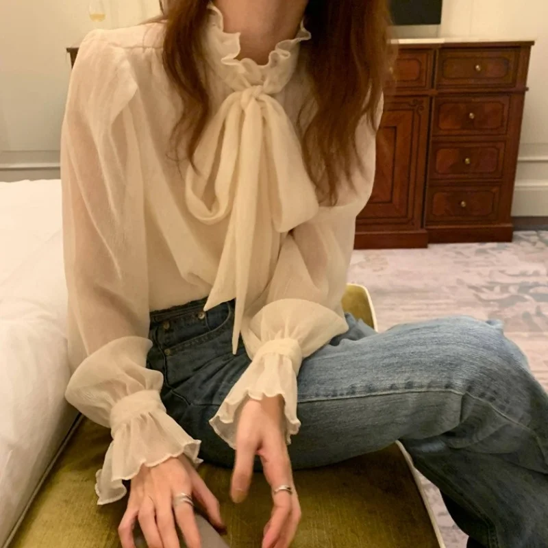 

Women Shirt Korean Chic Autumn Elegant Collar Tie Chiffon Design Sense Shirt Top Women Forest