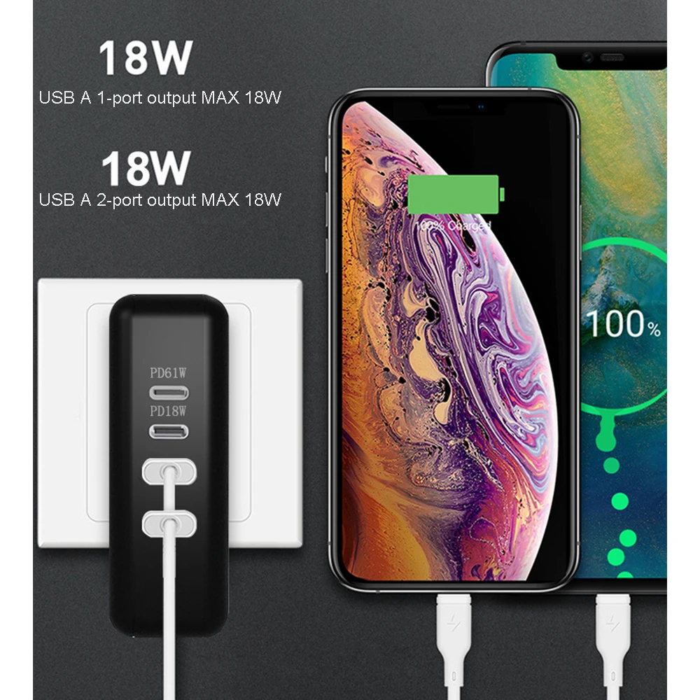 2 порта PD 61 Вт USB C адаптер питания 2 порта QC3.0 18 Вт настенное зарядное устройство для huawei xiaomi samsung iPad iPhone MacBook(и USB-C кабель