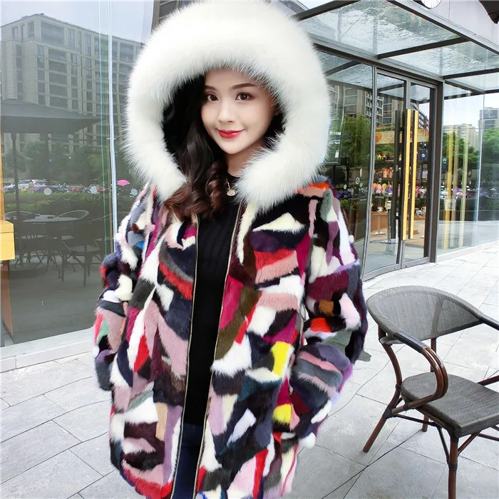 

Winter Thick Warm Women Genuine Mink Coat Patchwork Real Jacket Fashion Lady Fox Fur Collar Long Overcoat