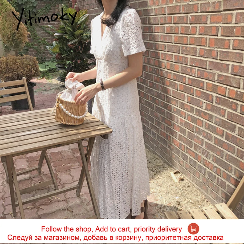 

Yitimoky Puff Sleeve Woman Dress Hook Flower Hollow Embroidery Summer High Waist Slim Fashion Elegant Single Breasted Dresses