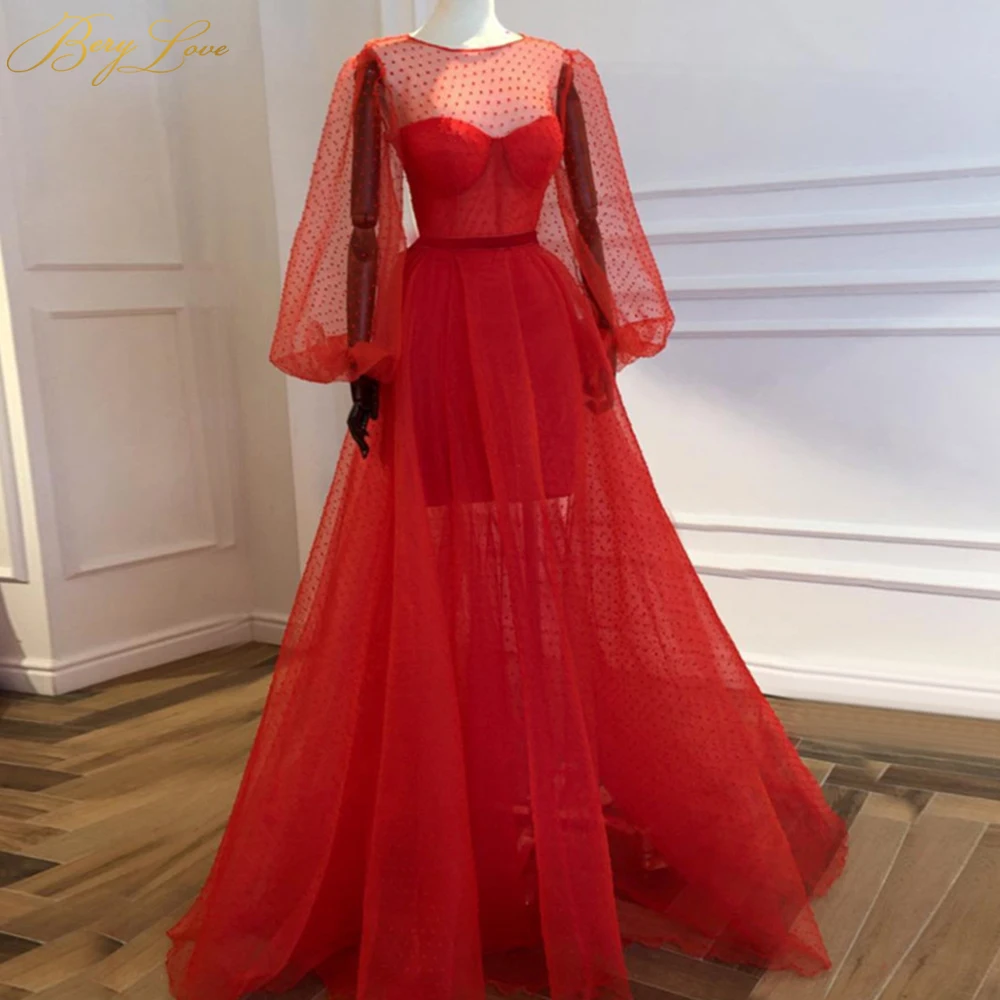 

Red Prom Dresses Long Dot Tulle Sweetheart Corset A line Party Dress Formal Elegant Young Girl Dress Long Sleeves Evening Dress