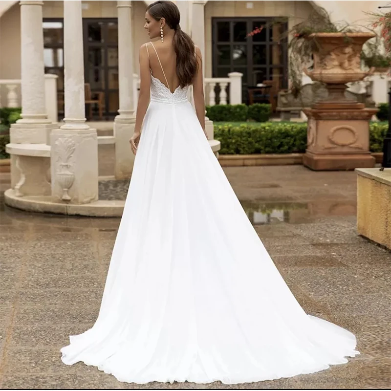 ChuYu 2021 Lace Chiffon Spaghetti Straps V Neck Sexy Side Slit Vestido De Novia Long A-line Wedding Dress Formal Occasion