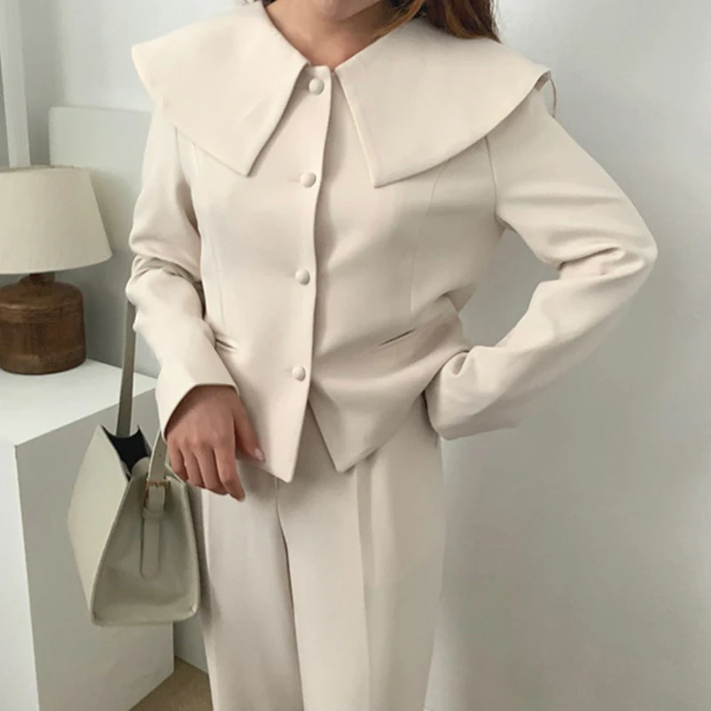 

Sweet Korean Chic Autumn Retro Coat Big Lapel Edging Buckle Loose Solid Color Long Sleeve Casual Short Jacket Women Outwear