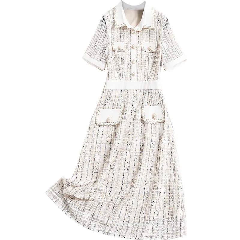 

Women plaid lace dress short sleeve summer dresses new 2021 turn down collar a-line pearls buttons fashion clothing