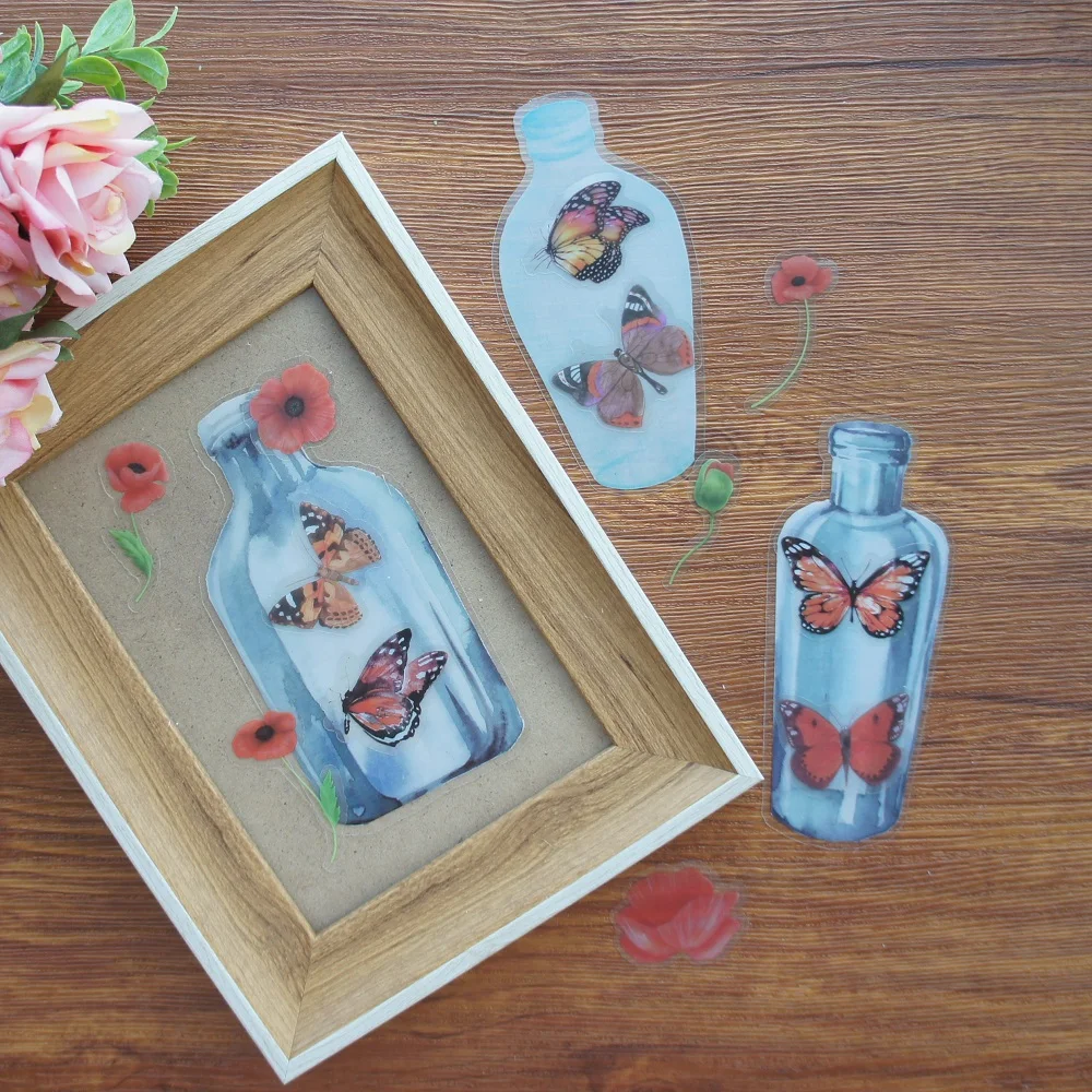 

28pcs Sticker Catch Tropical Red Butterfly Common Poppy Flower Bottle Style Scrapbooking DIY Gift Packing Label Gift Decor Tag