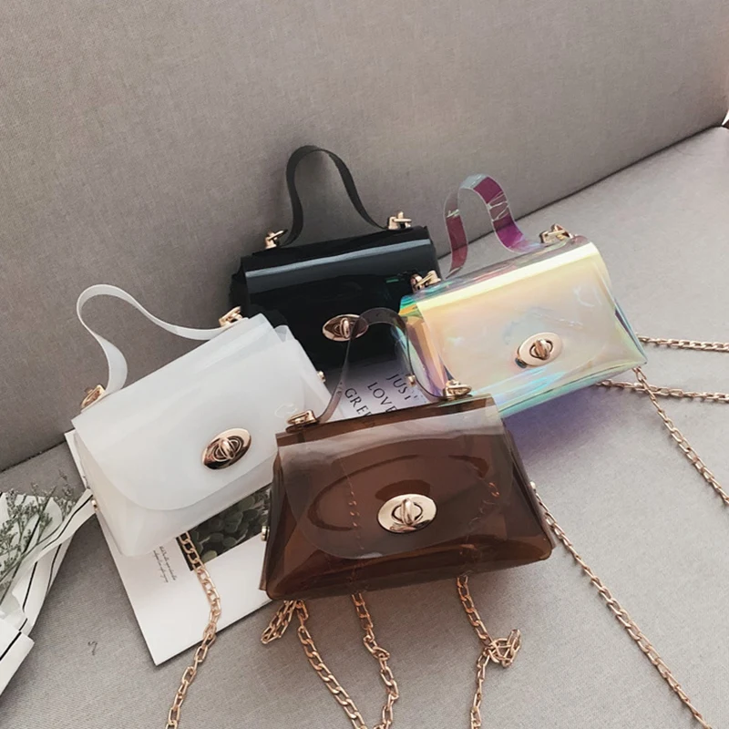 New Fashion Personality Wild Transparent Jelly Chain Shoulder Slung Small Square Bag |