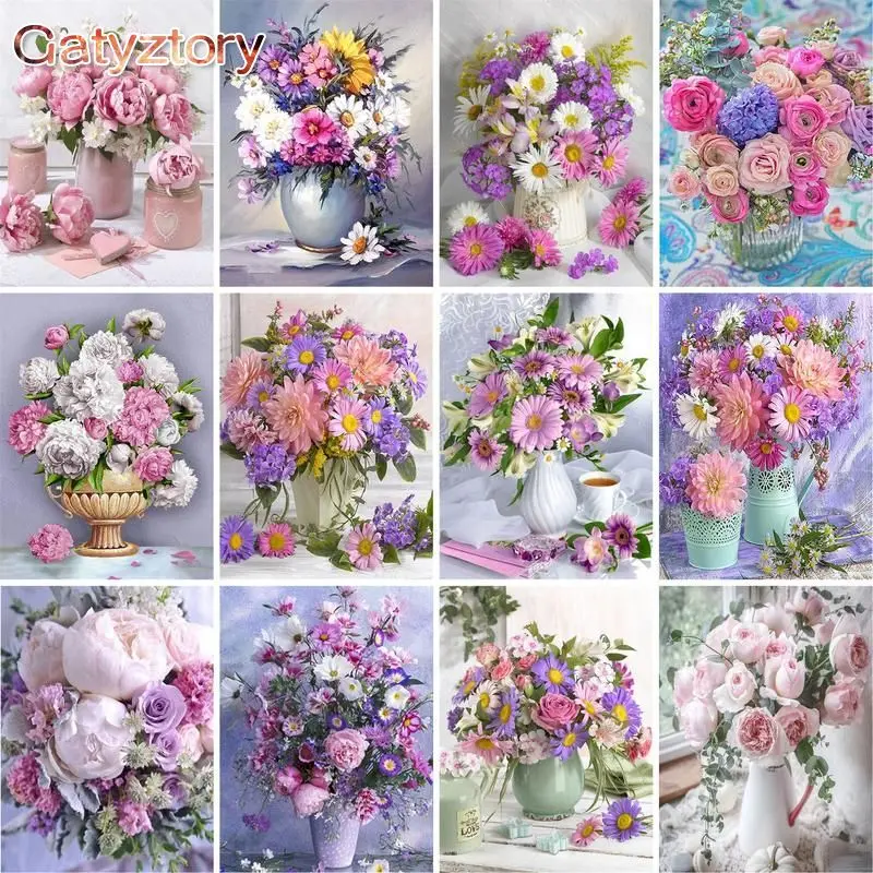 

GATYZTORY 60x75cm Frame DIY Painting By Numbers Kits Pink Flowers Modern Home Wall Art Picture Flowers Paint By Numbers