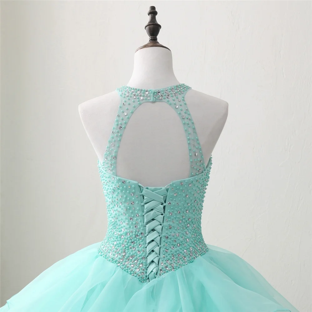 Соблазнительные мятные платья для Quinceanera с высоким воротником бальное платье
