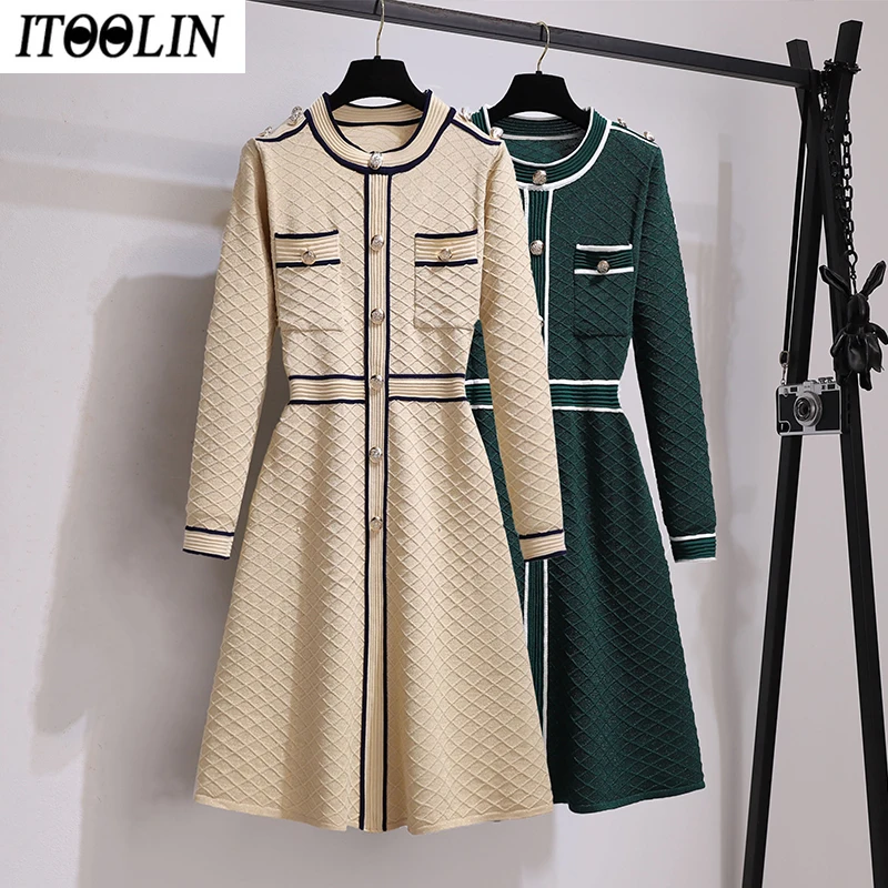 

ITOOLIN Women A-Line Sweater Dress French Knit Vintage Green Patchwork Dress Winter Luxury Designer Buttons Knitted Dresses