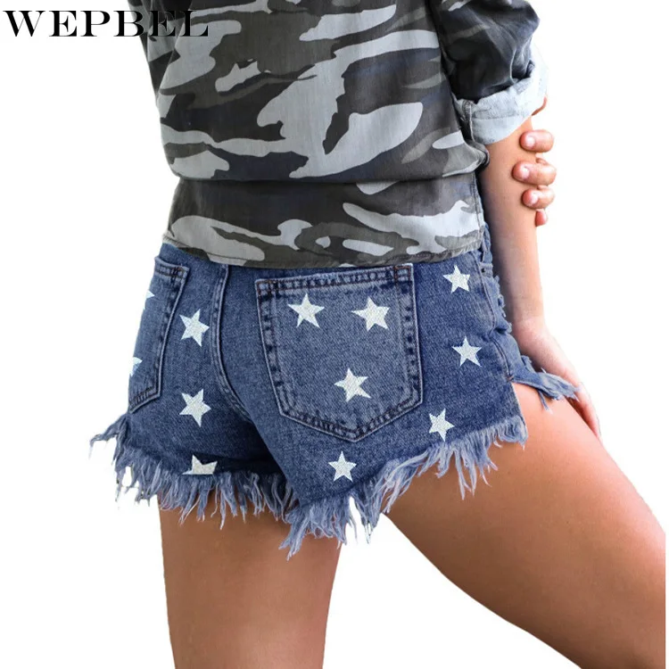 

WEPBEL Denim Shorts Summer Fashion High Waist Star Printed Tassel Short Jeans Women's Casual Pocket Straight Denim Shorts