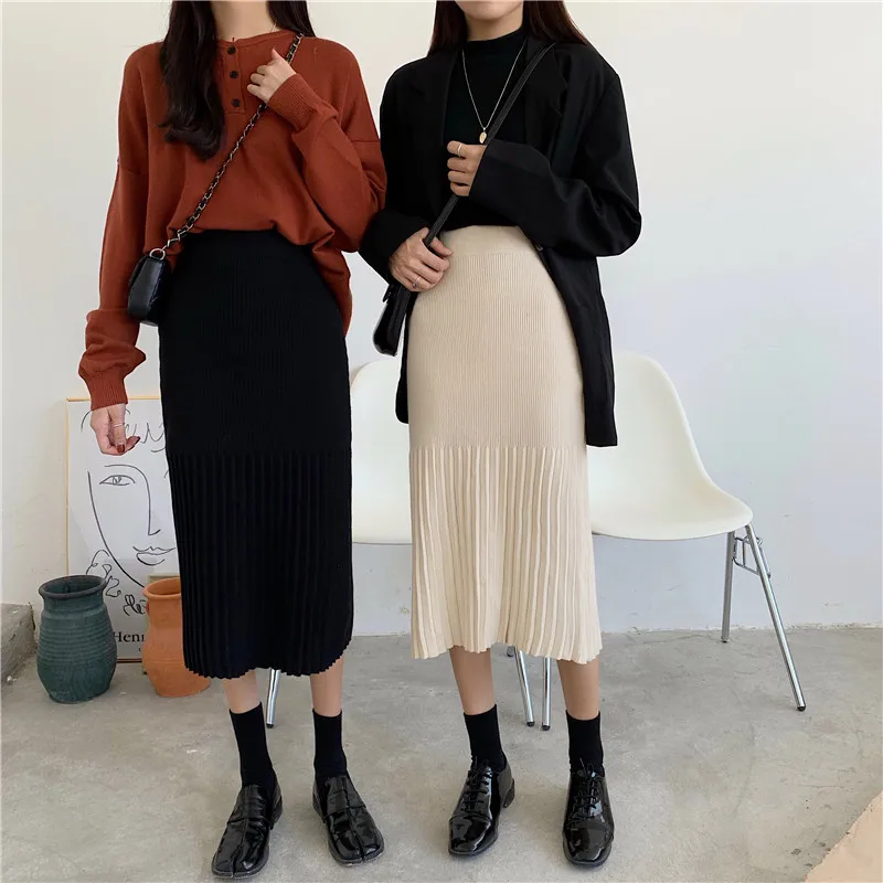 High Waist Women Skirts Irregular Striped Pleated Autumn Winter Casual Knitted Female Mid-Length 2019 | Женская одежда
