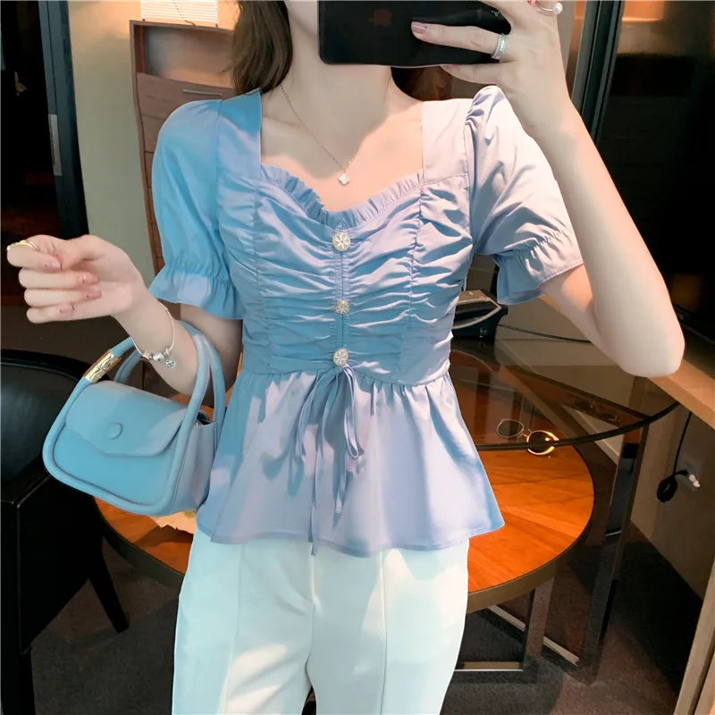 

2021 Summer Fashion Women's Elegant Blouses Casual Button Frenulum Tunic Chiffon Short Sleeve Shirt Temperament Vintage Top