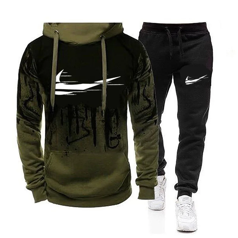 

Brand Printed Autumn And Winter Jacket Men's Suit Sportswear 2-Piece Hooded Pants Jogging Fitness Sports Hedging Sportswear Suit