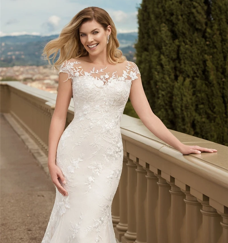 

Simple Mermaid Wedding Dresses For Women Short Sleeve Appliques Lace Bride Dress Tulle Princess Wedding Gown Vestidos De Noiva