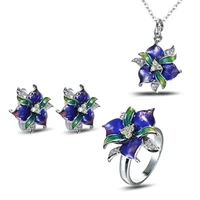 new arrival luxury purple flower jewelry set for women handmade enamel elegant ring earrings necklace wedding jewelry set