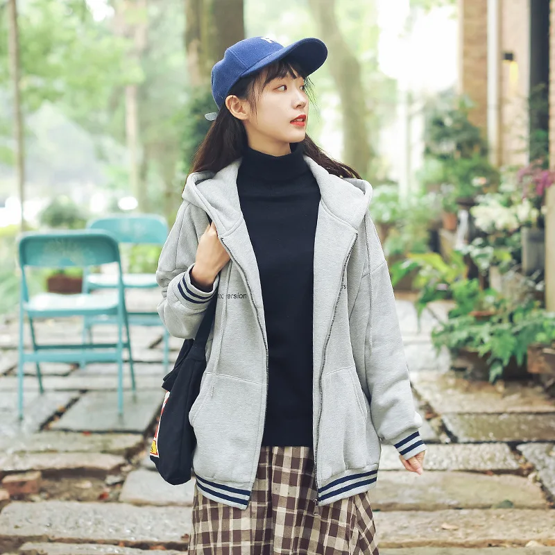 

PT67 sport style small letter Plush thickened hooded sweater cardigan loose casual BF coat women's winter 2019