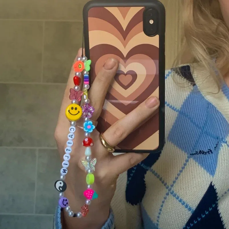 Phone Case Chain Bohemian Colorful Rainbow Flower Phone Charm Soft Pottery Beads Smile Fruit Letter Rope Y2K Accessories Jewelry