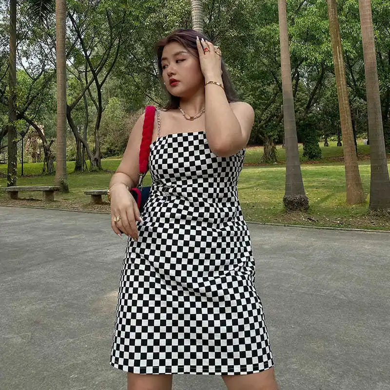 

300 kg large Spice Girl French suspender skirt loose and thin summer Plaid Printed Dress Fashion