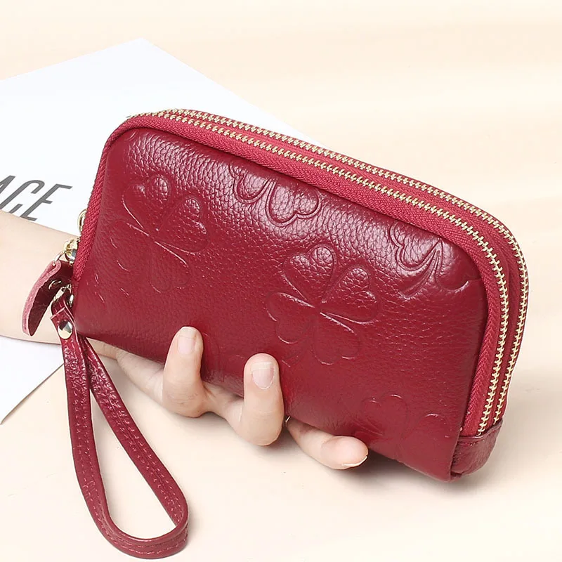 

MJ Genuine Leather Women Wallet Double Zipper Clutch Purse High Quality Embossed Flower Female Money Purses Wristlet Phone Bag