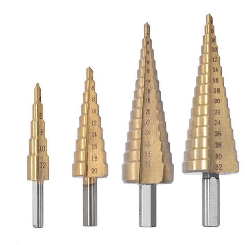 

4pcs/set Triangle handle HSS straight flute Step Drill Bits Set core drill bit TIN Coated cone Step Drill Bit Set hole cutter