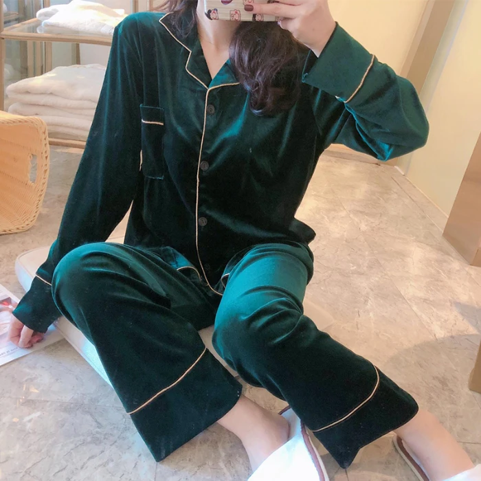 New Arrivals WAVMIT Winter Women's Flannel Long Sleeve Pajamas Set Loose Leisure Women Sleepwear Gold Velvet Pyjamas Outwear | Женская