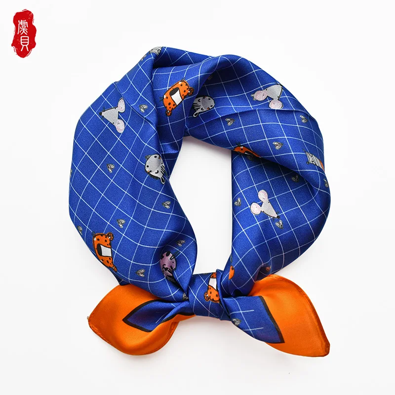 

Blue natural silk scarf children printed animals 100% real silk scarves 50cm small square headband wrap gift for girl and baby