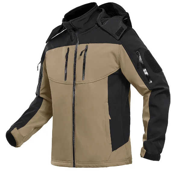 

Multi Zipper Pocket Waterproof Tactical Jackets Men's Fleece Lining Outdoor Jacket Stand up Coat W/ Hoodie Windbreaker