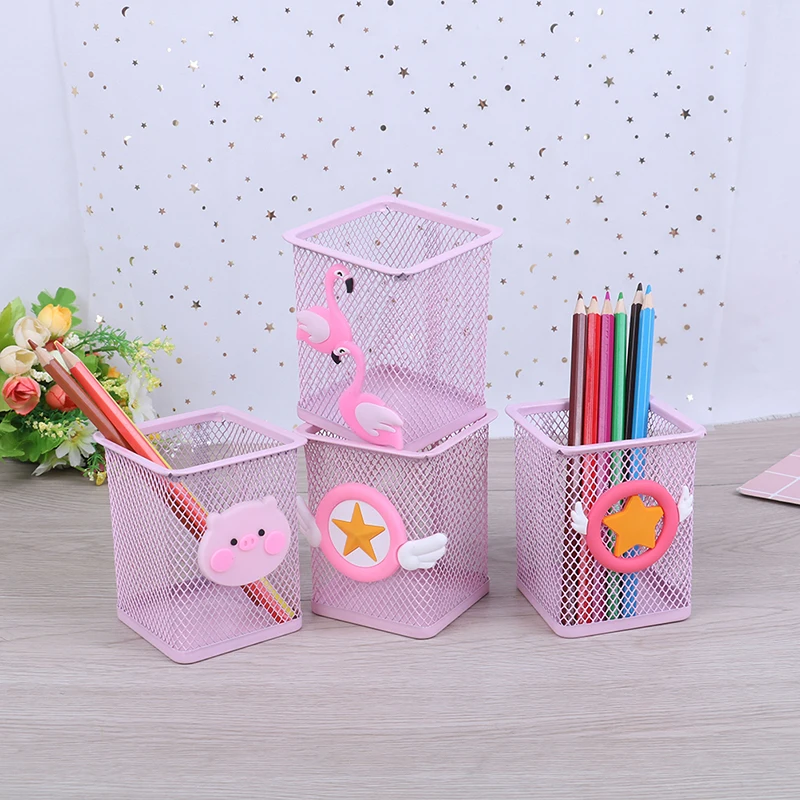 

Stationery Container Office School Supplies 1pc Pink Metal Pen Holder Office Organizer Cosmetic Square Pencil Pen Stand Holders