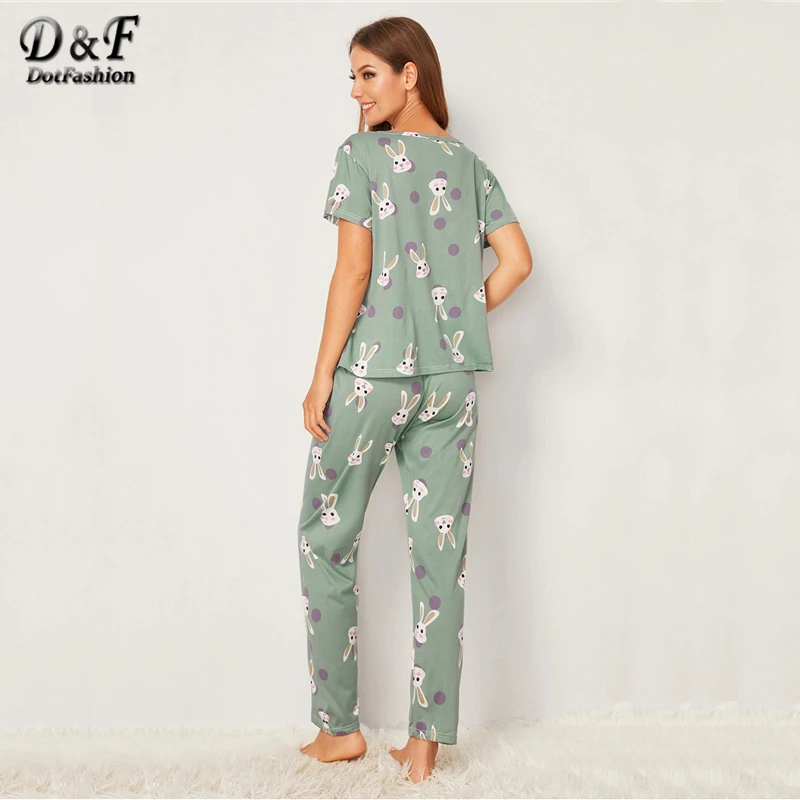 Dotfashion/пижамный комплект с мультяшным принтом; осень г.; Повседневный Топ с коротким рукавом; пижамный комплект; женская домашняя одежда в горошек