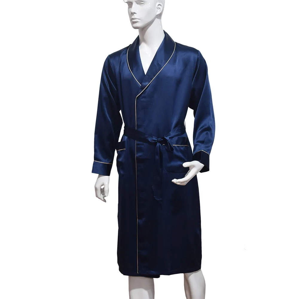 Men's Silk Nightgown Spring And Autumn Long Sleeve Simple Lace Up Long Mulberry Silk Pajamas Morning Robe Home Bathrobe