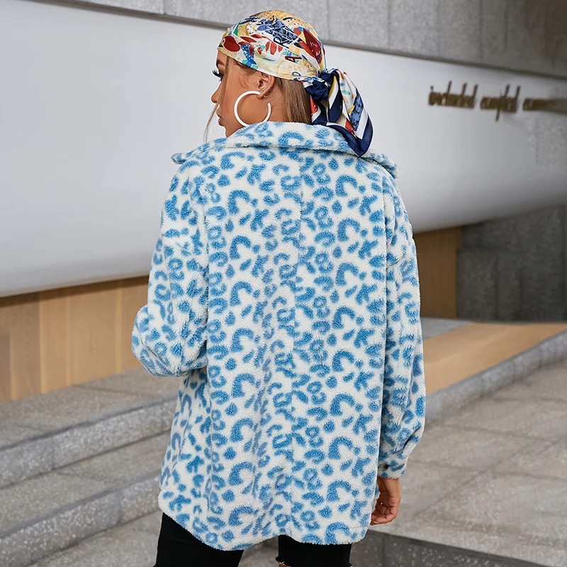 Fashion Women's Faux Fur Leopard Print Jacket Street Blue Soft and Cute Single-breasted Lapel Casual Jacket Autumn and Winter