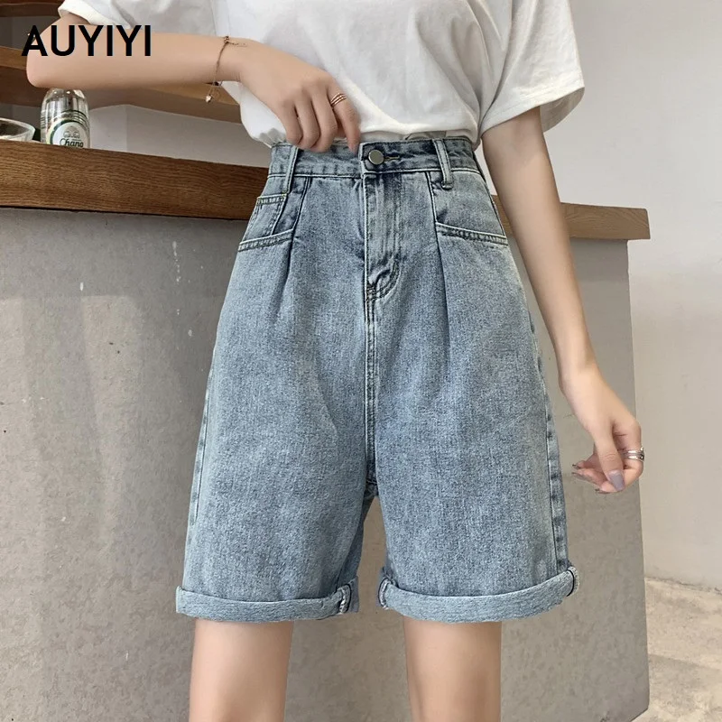 

2021 summer fashion casual new high-waist slim pants loose wide-leg mid-pants trendy denim five-point pants AUYIYI