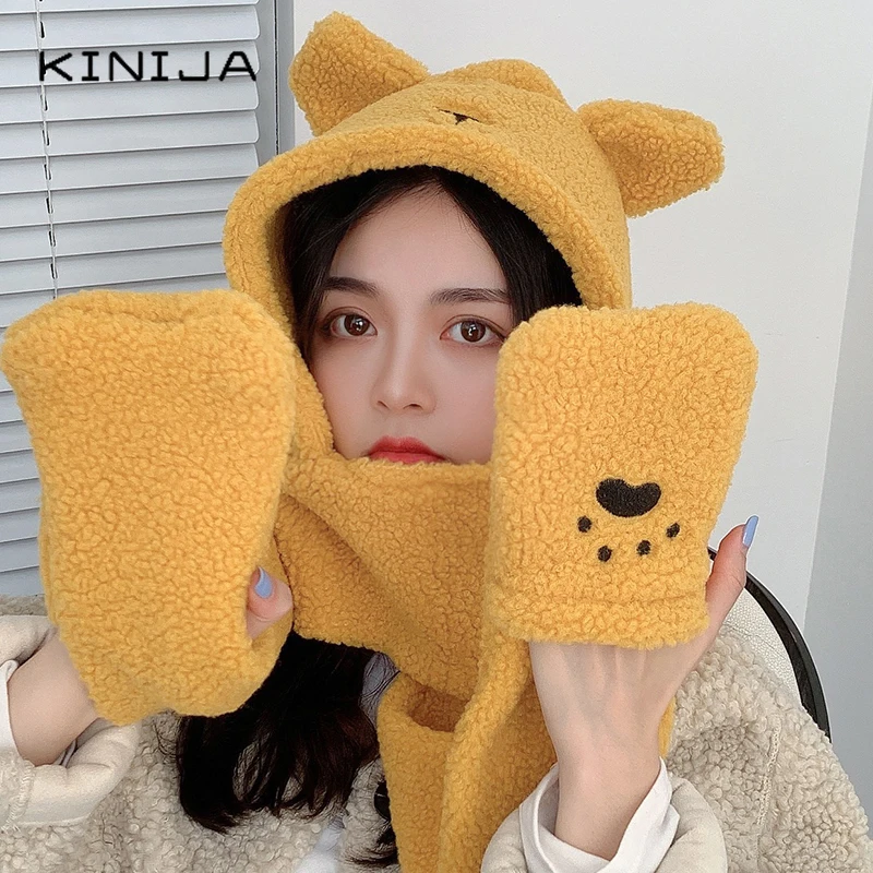 Милая шапка шарф и перчатки Bear Ear в комплекте сплошной цвет яркая теплая Новинка