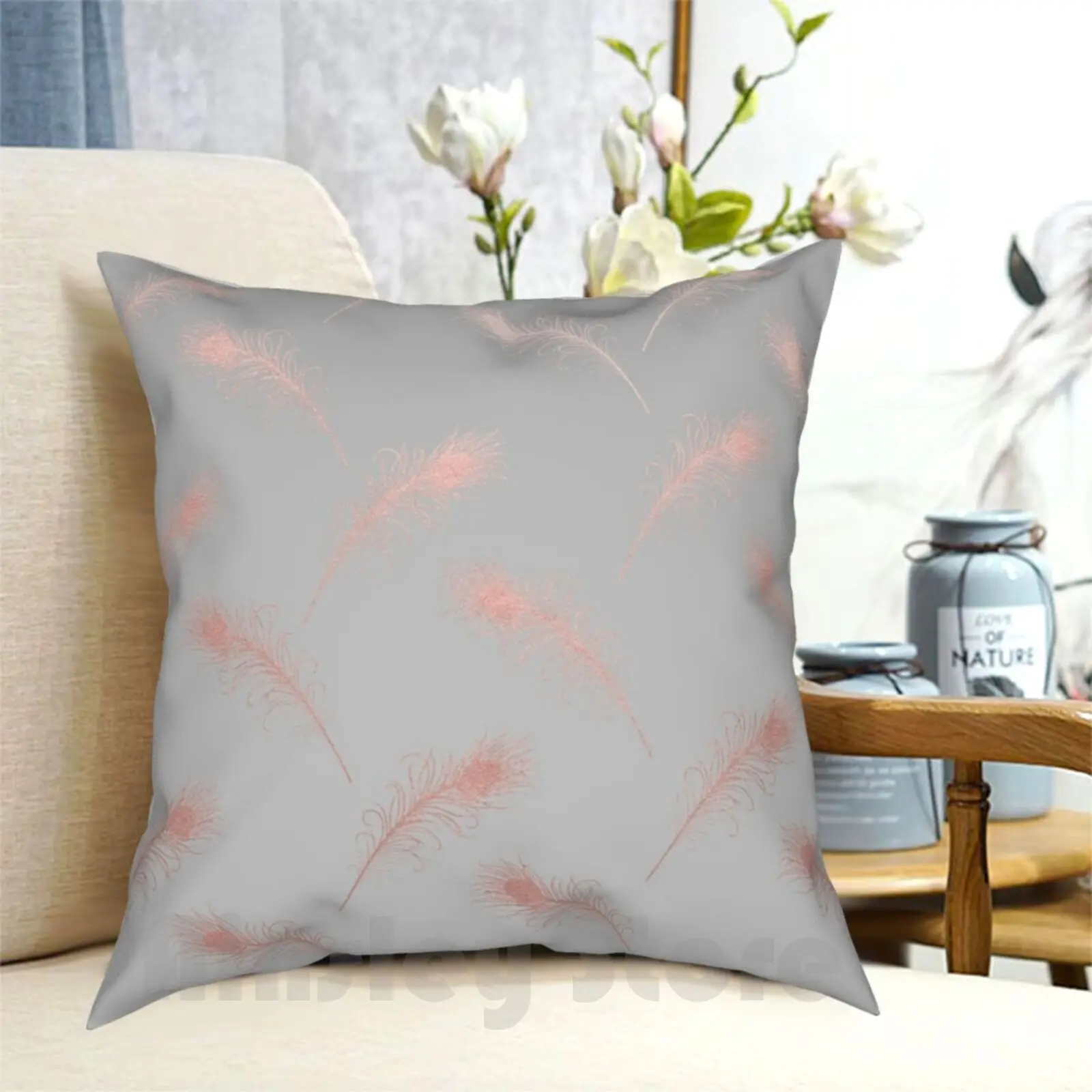 

Rose Gold Feather Pattern Pillow Case Printed Home Soft DIY Pillow cover Foil Rose Gold Faux Rose Gold Feather Feathers
