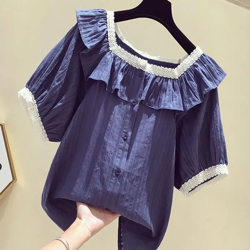 

Blusas 2021 Women Shirts Short Sleeve Tops Blouse Sweet Square Collar Blouses Red Korean Solid All-match Summer Clothing Y542