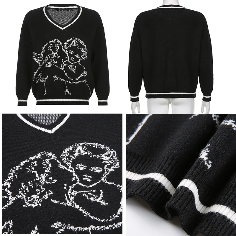 Rapcopter Angel Sweaters Loose Grunge Knitwear V Neck Long Sleeve Knitted Jumpers Cute Casual Pullovers Women Autumn Winter Tops |