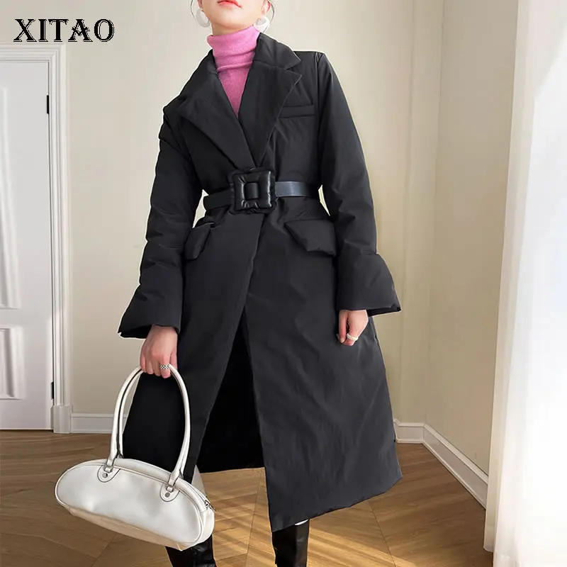 

XITAO, черная Лоскутная карманная повязка, отложной воротник, пуховое пальто 2021, Новое поступление, Повседневная мода, темперамент, подходит к...
