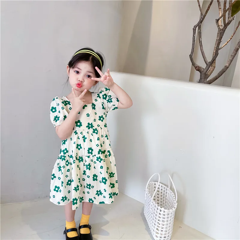 

2021 Summer New Toddler Baby Girl Fashion Flower Printed Short Sleeve Dress Kid Cotton Puff Sleeve Princess Dresses