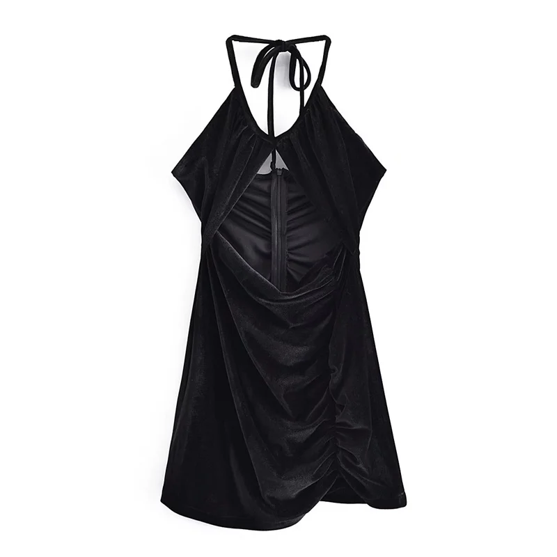 

Woman Sexy Balck Slim Velvet Dress 2021 Autumn Female Backless Halter Party Mini Dresses Ladies Casual Solid Hollow Out Dress