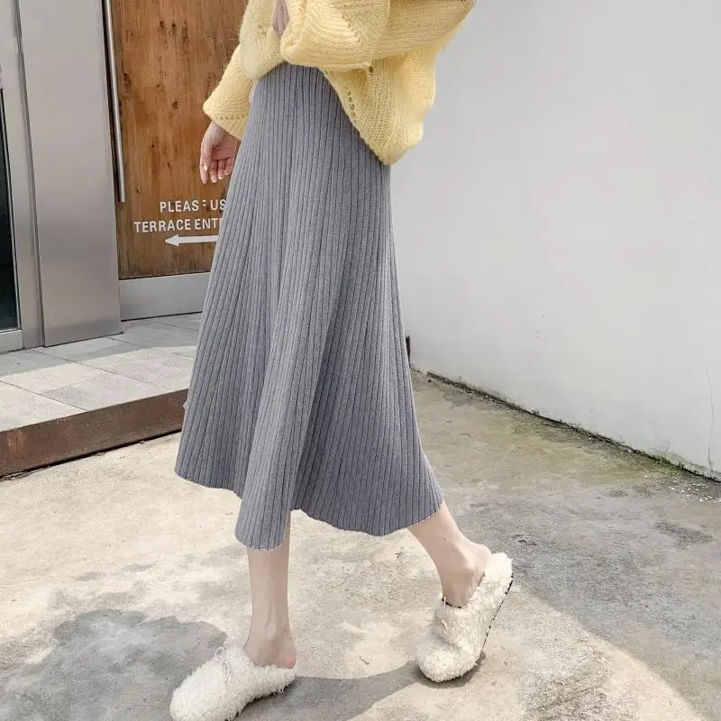 Elegant Midi Pleated Knitted Skirt Women Autumn Winter Korean A Line High Waist Sweater Skirts Female Ladies Grey Black Khaki | Женская