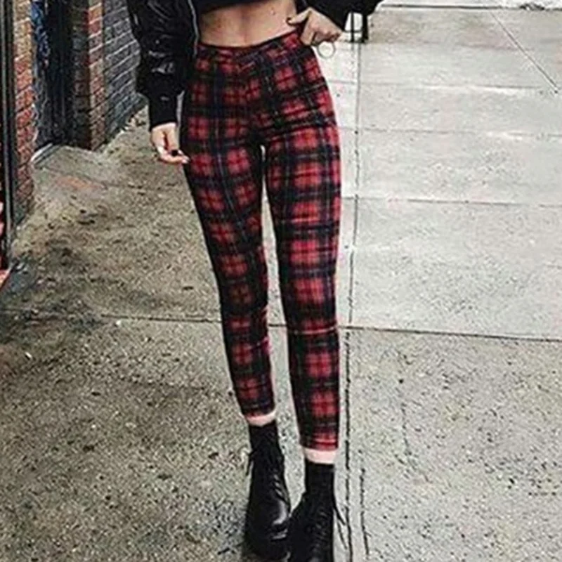 

Spring Fall Women High Waist Leggings Elastic Fashion Small Leg Casual Pants Female Fitness Trousers Pencil Pants Skinny Plaid