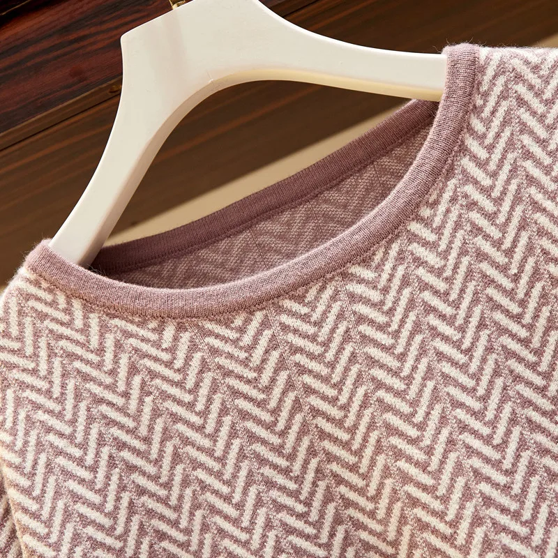 

CBAFU autumn spring knitted striped 2 piece set women sweater skirt suit long sleeve knit pulliver a-line skirt pink black M008