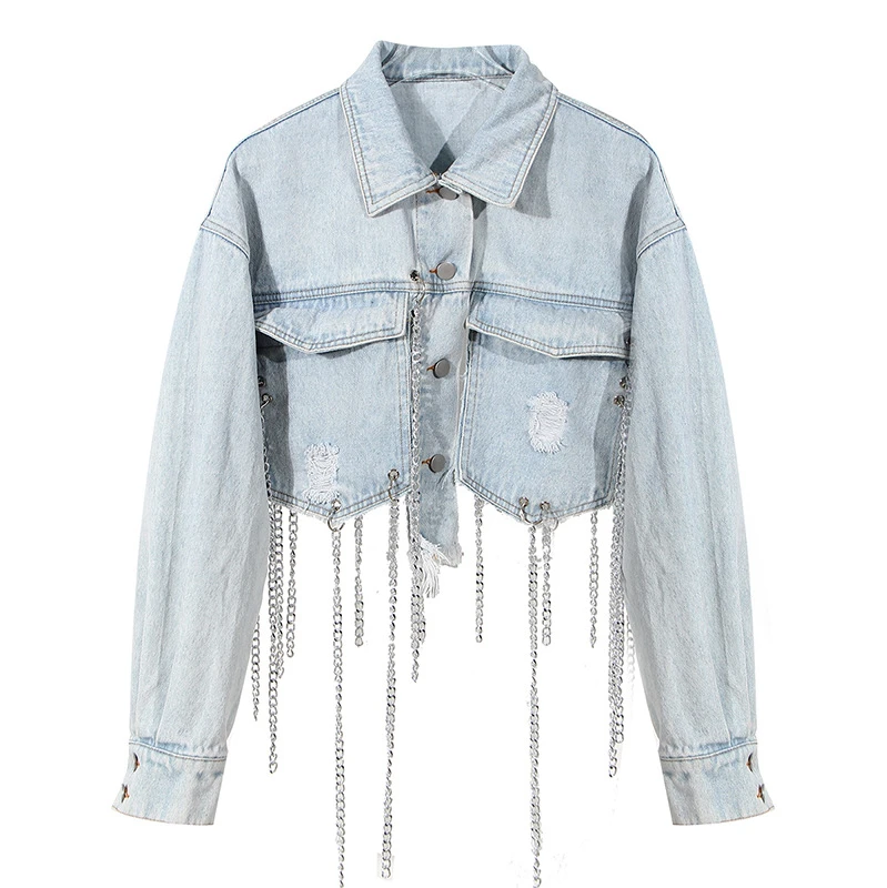 

Punk Metal Chain Tassel Denim Jackets Women Long Sleeve Short Design Coats Autumn New Blue Denim Coat Jackets for Women