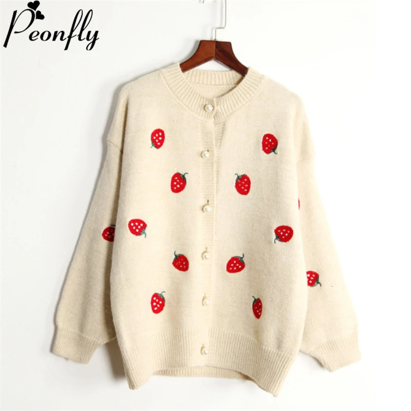 Женский Повседневный Кардиган с клубничным узором PEONFLY розовый джемпер большого
