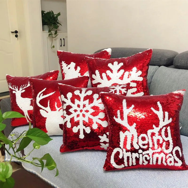 

1Pcs Christmas Snowflake Deer Tree Pattern Red Sequins Cushion Cover Home Sofa Decorative Mermaid Sequins Throw Pillowcase 40769