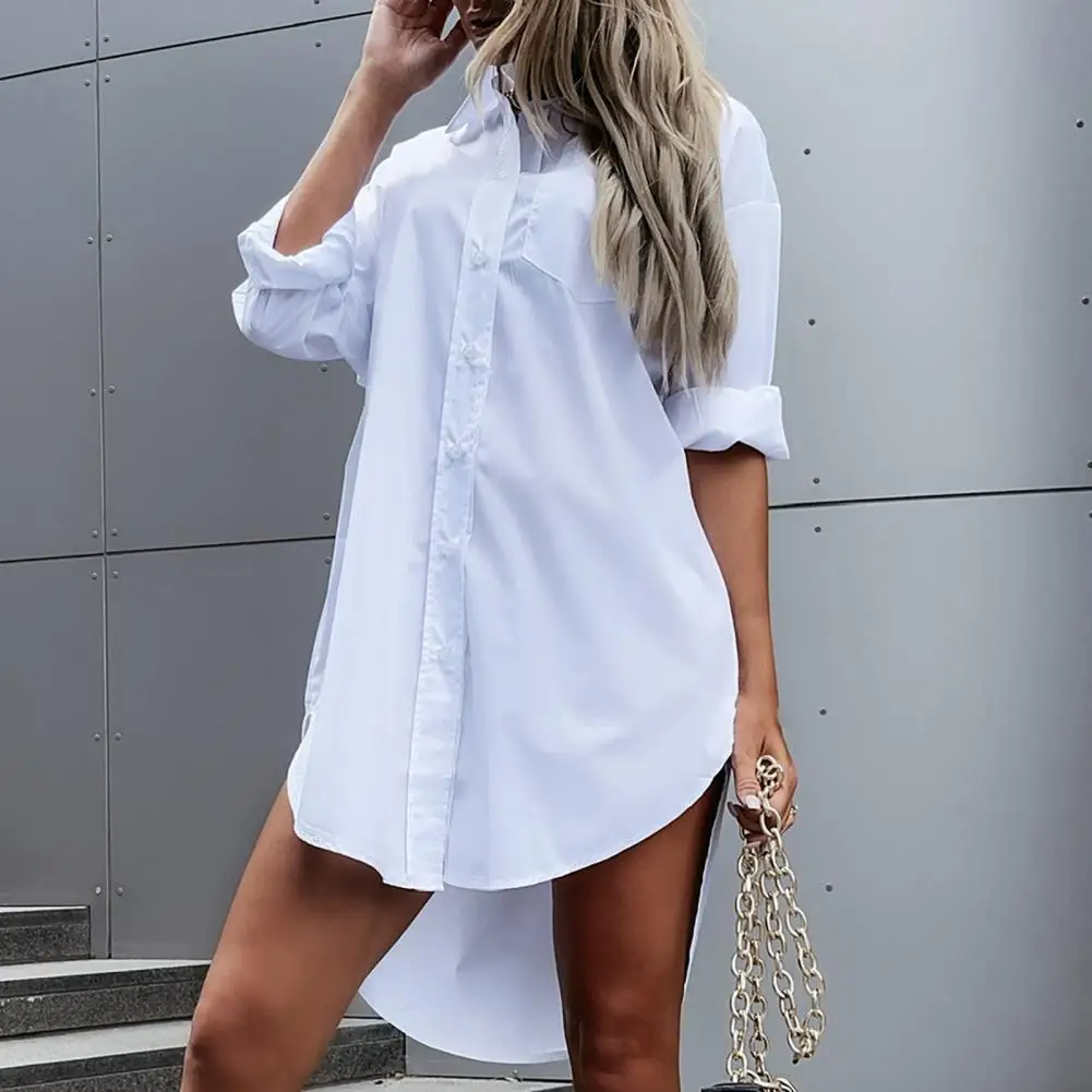 

Women Shirt Turn-down Collar Single-breasted Loose Irregular Hem Lady Shirt for Dating