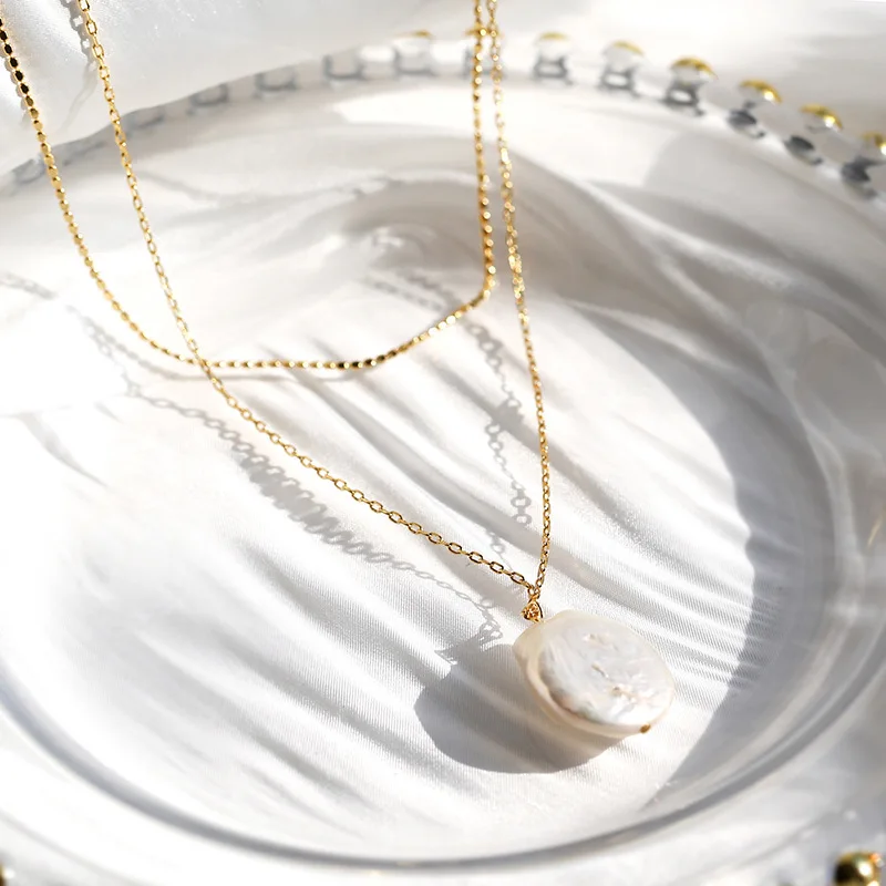 

Women gold plated Chain double layer nutural pearl pendant necklace