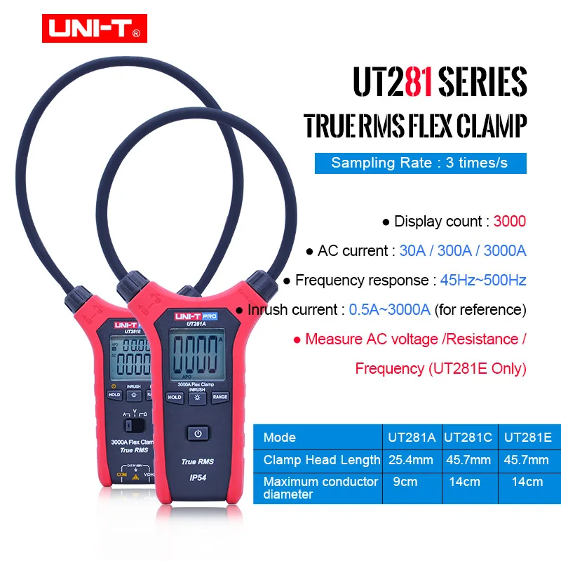 

UNI-T UT281A/UT281C/UT281E True RMS гибкий зажим; 3000A AC True RMS клещи, дисплей низкого напряжения/цифровое удержание/подсветка