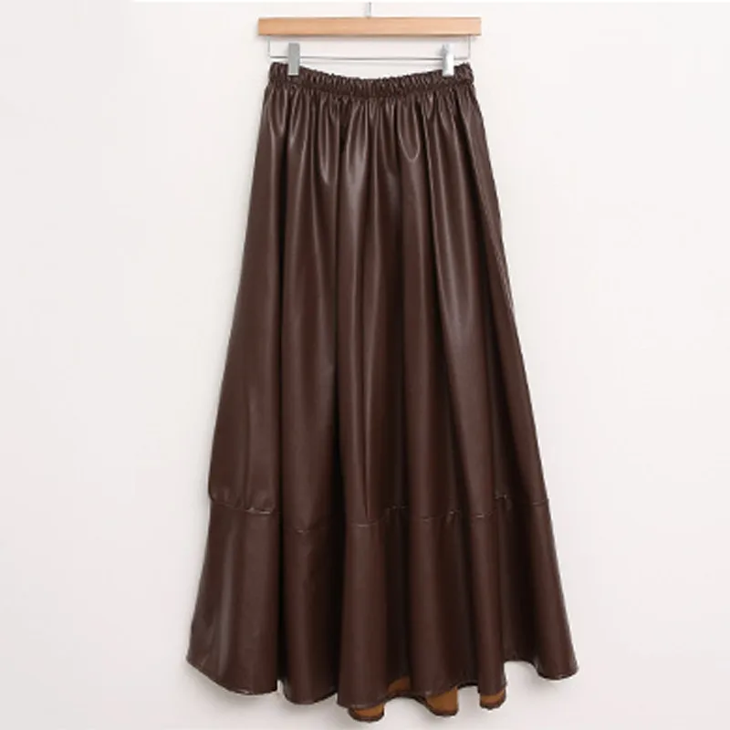 

New fashion pu leather a-line skirt women elastic high waist umbrella skirt