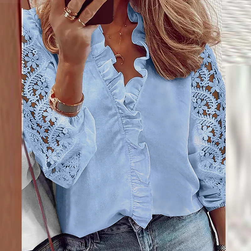 

Office Lady Elegant V-Neck Ruffle Design Blouse Fashion Button Embroidery Flower Pullover Tops Women Casual Long Sleeve Shirts